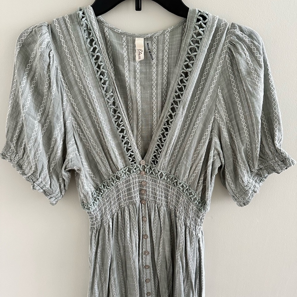 Sage Green Boutique Smocked Boho Midi Dress